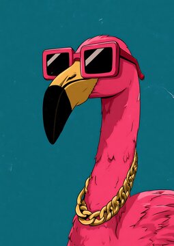 Pink flamingo mascot wearing oversized square sunglasses and a gold chain on blue background