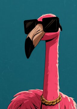 Pink flamingo mascot wearing oversized square sunglasses and a gold chain on blue background