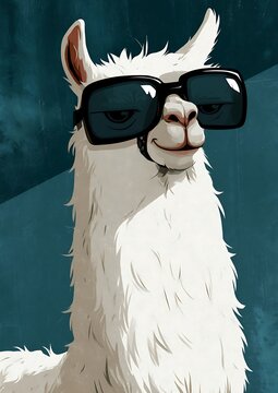 Retro 1980s cartoon illustration of a white alpaca wearing black sunglasses against a blue background