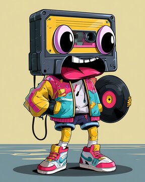 Retro cassette tape head character wearing a colorful varsity jacket holding a vinyl record