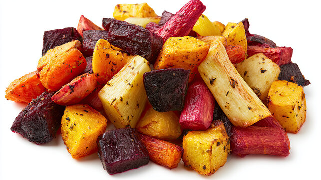 roasted root vegetables with carrots, parsnips, and beets on white background