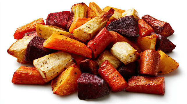 roasted root vegetables with carrots and beets on a white background