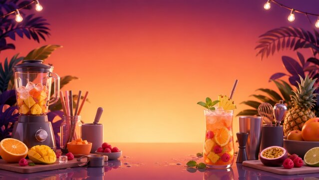 Vibrant tropical fruit cocktail and blender setup on a sunset bar countertop, featuring fresh mango, pineapple, orange, passionfruit, raspberries, garnished glass with mint and ice