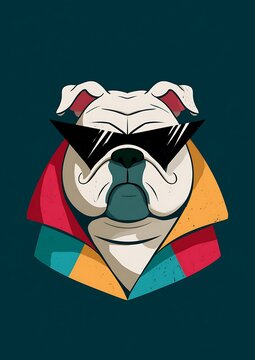Stylized bulldog mascot wearing angular black sunglasses and a colorful layered jacket