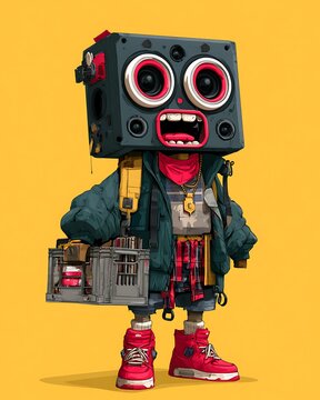 Retro robot character with a speaker head and red sneakers standing against a yellow background