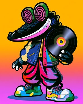 Cartoon crocodile character wearing streetwear holding a vinyl record against a gradient background
