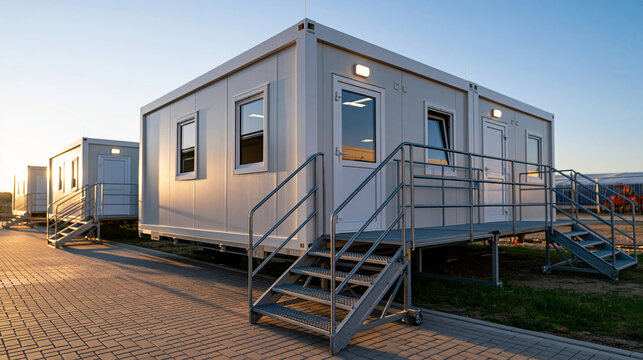 Modular office trailers positioned beside a construction site for temporary site management use, unbranded white exteriors and metal staircases in bright daylight