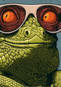 Close up portrait of a green iguana wearing oversized retro sunglasses in a stylized illustration