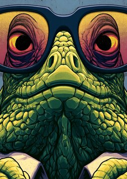 Close up portrait of a green iguana wearing oversized retro sunglasses and a shirt