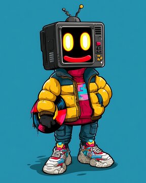 Surreal cartoon character with a vintage television head wearing a yellow puffer jacket