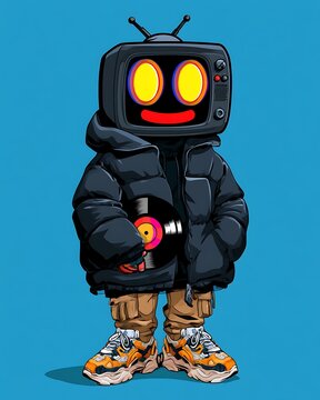 Surreal cartoon character with a vintage television head wearing a puffer jacket and sneakers