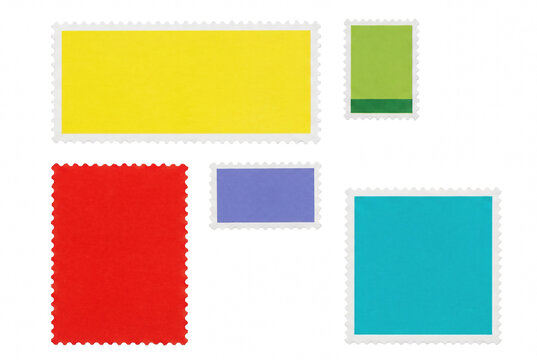 Collection of multi colored blank postage stamps with serrated edges