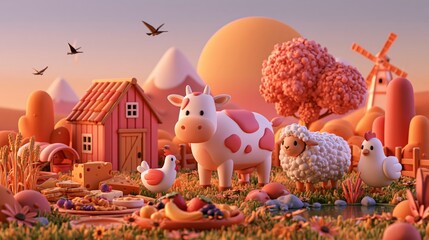 Obraz premium Whimsical pastel farm scene at sunrise featuring a playful cow and fluffy sheep near chickens, a red barn and windmill amid rolling hills, fruit, vegetables and flowering meadow