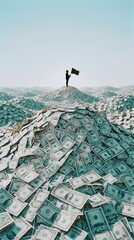 Fototapeta premium Person standing on stacks of dollar bills holding flag in desert landscape