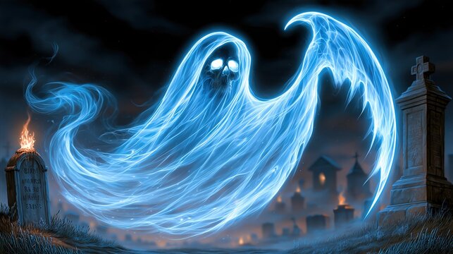 Scary blue ghost hovering over a graveyard at night