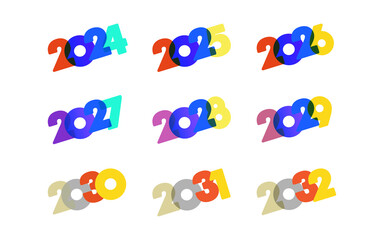 Fototapeta premium Colorful overlapping year numbers isolated on a transparent background
