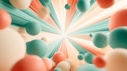 Fototapeta premium Abstract radial scene of floating pastel spheres and glossy balls in teal, coral and cream converging toward a bright central vortex, evoking motion, depth and dynamic perspective.