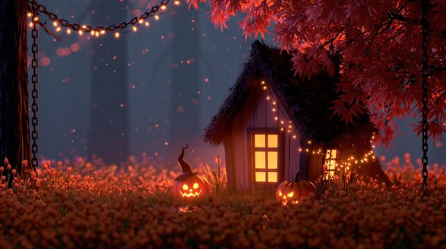 Spooky Halloween scene with pumpkins and a haunted house