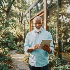 Fototapeta premium Older man with white beard smiling while using tablet in lush green garden outdoors