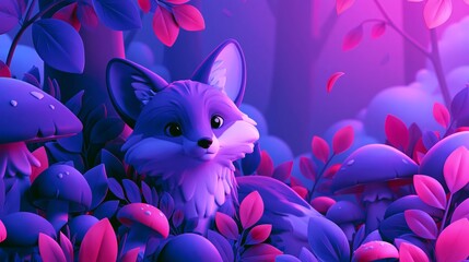 Fototapeta premium Charming stylized fox nestled among glowing purple and pink forest foliage and mushrooms, a whimsical nocturnal woodland portrait with bioluminescent glow and magical atmosphere