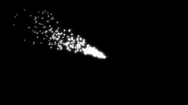 Elegant  lines of magical twinkle doodle stars trail fast motionable burst opposite each other. white glitter effect, doodle stars motion, black screen background, 4k