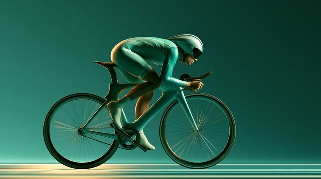 Dynamic profile of a competitive cyclist in a teal skinsuit and aerodynamic helmet riding a streamlined racing bicycle in a low time-trial position, conveying speed and motion.