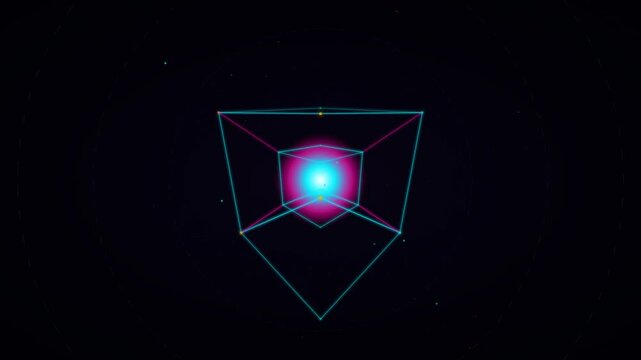 Futuristic glowing geometric wireframes floating on black background