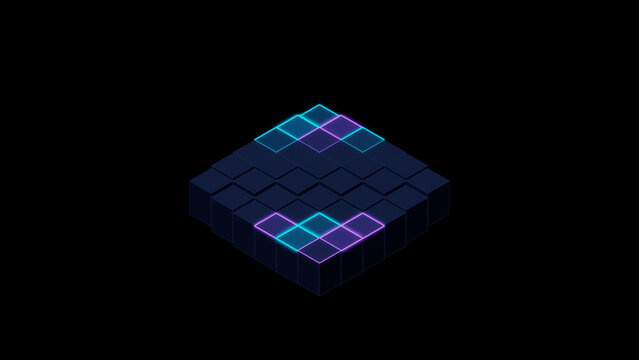 Isometric 3D block platform with neon cyan and purple glowing borders isolated on dark background illustration