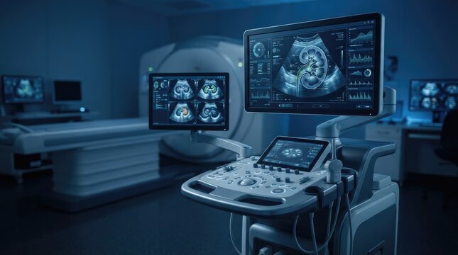 Advanced medical ultrasound machine displaying kidney scans in dark diagnostic radiology room with computed tomography scanner.