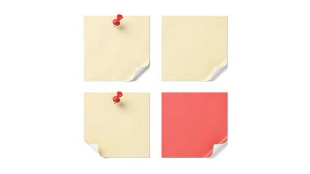 Four colorful sticky notes pinned with red pushpins on transparent background