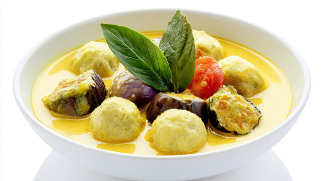 delicious yellow curry with fish balls and eggplant in bowl