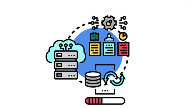 Information technology infrastructure managing cloud storage, server arrays, and database operations handles digital files and processing for efficient workflow, data analysis, and security