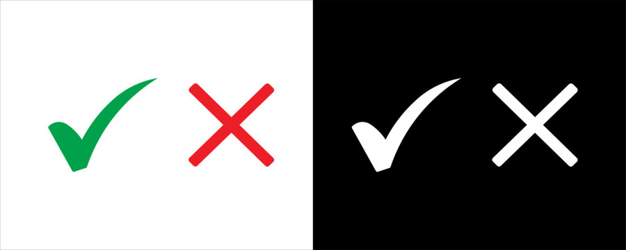 Set of check mark and cross mark in red and green colors plus white versions for survey, voting, choice, and task completion validation