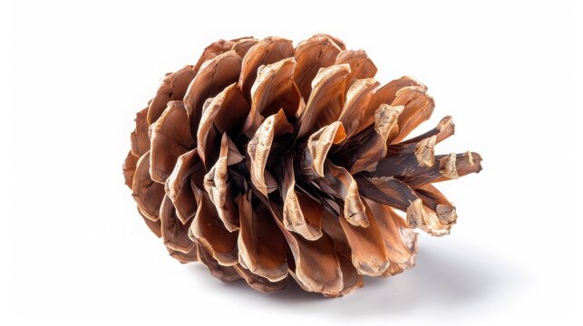 Single brown pine cone isolated on white background for autumn and winter seasonal decor.