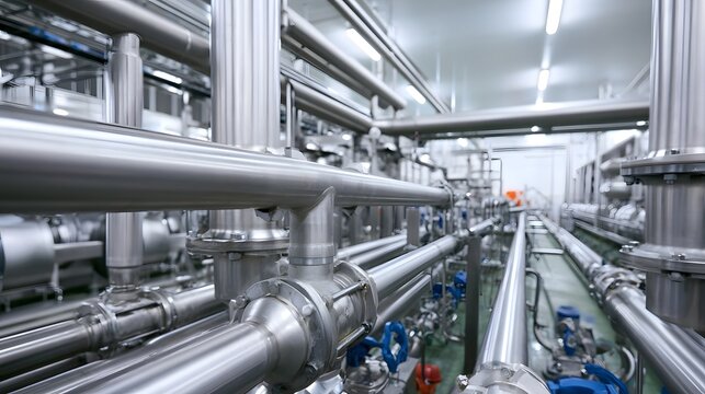 Industrial piping system with metallic conduits and valves in a clean  well lit factory environment
