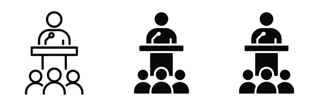 Public speaking icon representing presentation, communication, leadership, business speech, audience engagement, confidence, professional success and effective speaking skills.