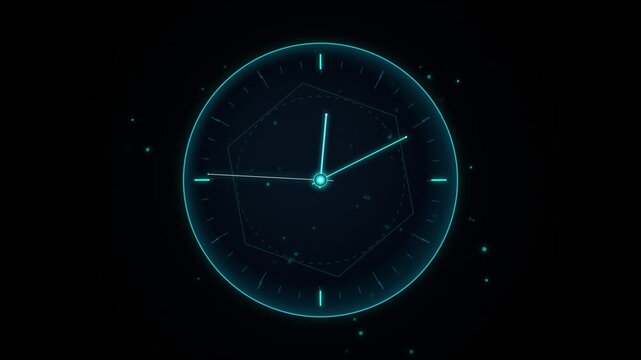 Futuristic clock animation with a glowing circular dial, , subtle particles and modern digital interface elements.
