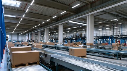 Obraz premium A large industrial warehouse with conveyor belts transporting cardboard boxes through a high ceilinged facility with bright overhead lighting
