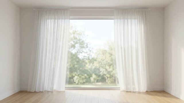 White sheer curtains blowing in wind by large glass window in empty modern interior room