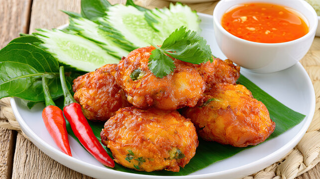 isolated thai fish cakes with cucumber relish on white background