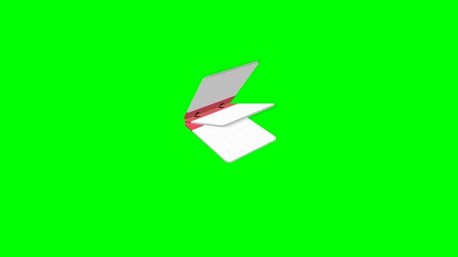 3D render of an open notebook with blank white pages turning on a green screen chroma key background