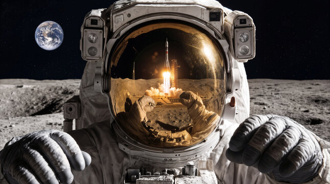 Space explorer witnessing rocket launch reflected in gold visor on lunar surface. Earth visible in the background of the moon landscape.