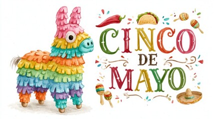 Naklejka premium Colorful watercolor donkey piñata with festive Cinco de Mayo lettering and Mexican party decorations