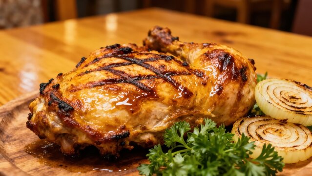 Persian grilled chicken, with a saffron and yogurt marinade, served with saffron rice, grilled tomatoes, and sumac, on a decorative ceramic plate, representing the elegance of Iranian cuisine