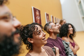 Obraz premium Diverse group of young adults admiring paintings in a bright art gallery, featuring open expressions for cultural and leisure campaigns