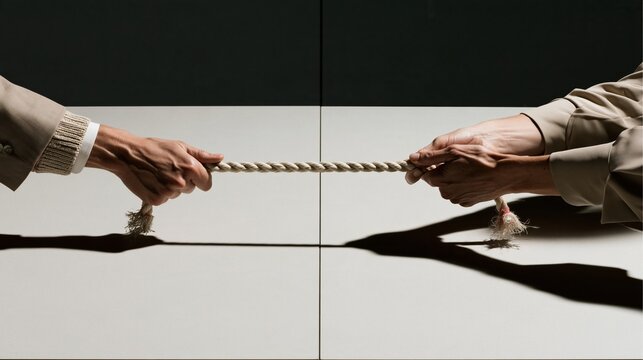 Two businesspeople pull a taut braided rope across a smooth grey conference table, a sharp visual metaphor for corporate conflict and negotiation