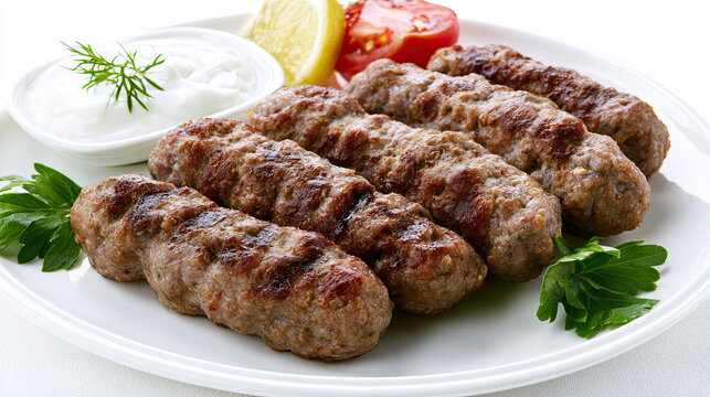 grilled lamb kofta with yogurt dip on plate