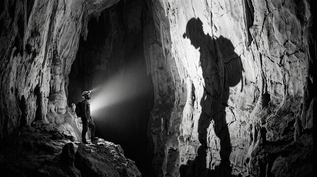 Spelunker Illuminates Cave Interior with Headlamp, Giant Shadow Cast