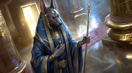 Obraz premium Anubis deity standing in ancient Egyptian temple. Anthropomorphic jackal-headed god holding golden staff in ornate palace hall.