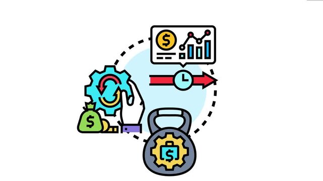 Financial management system visualizing budget planning, cost optimization, investment growth, and efficient corporate spending process with various icons